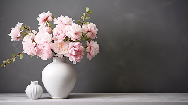 pink flowers in a white vase and empty space on the right
