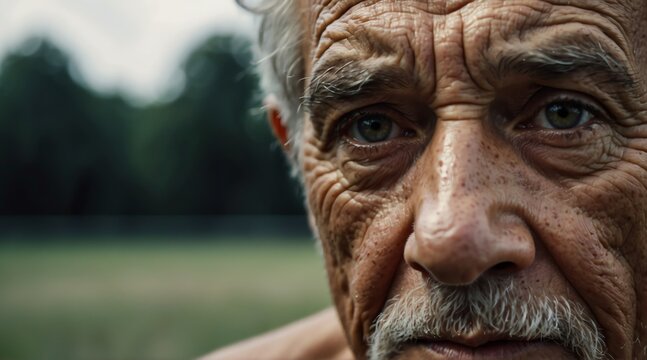 Closeup of eyes and face and lot of sweat of strong fearless elderly athlete man from Generative AI