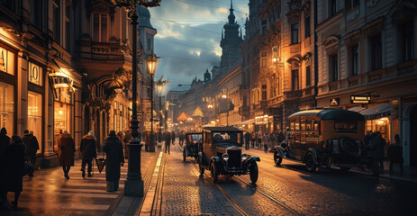 Historical street view of Prague City in 1930's in Czech Republic in Europe. - obrazy, fototapety, plakaty
