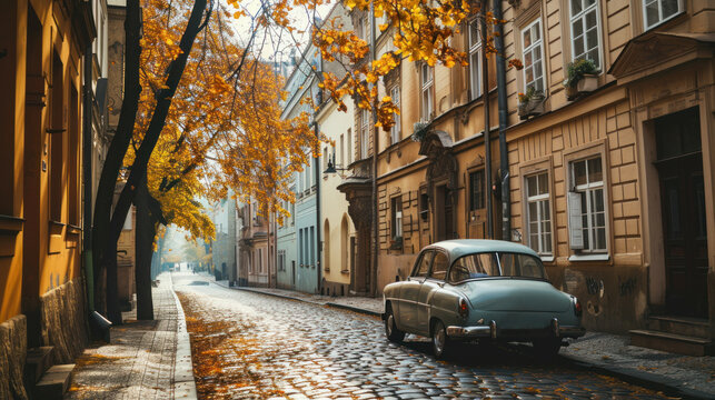 Fototapeta Vintage car in the street of Prague. Czech Republic in Europe.