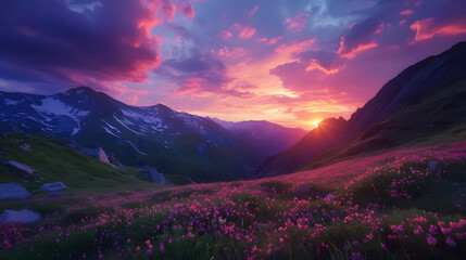 Obraz premium serene landscape of a mountain sunset with vibrant colors