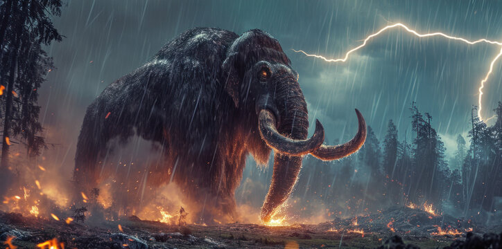 Mammoth in prehistoric wild field with lightning bolt and fire flame in forest.