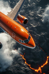 Airplane flying over a volcano with lava everywhere. Volcano eruption and travel danger concept created with Generative AI