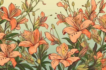 continuous backdrop featuring illustrated alstroemeria blooms. Generative AI