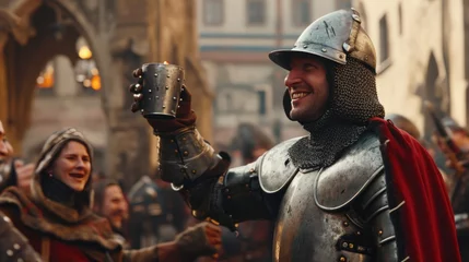 Fotobehang Medieval soldier holding wine mug in celebration party in armor in Prague city in Czech Republic in Europe. © Joyce