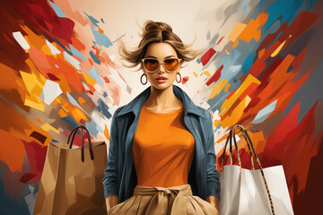 portrait of a woman, shopping concept, sales concept, abstract background, in style of minimalistic poster art - 727521460