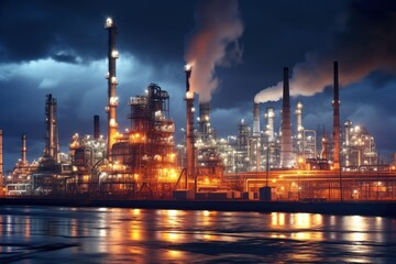 Fototapeta premium Air pollution smoke from oil refinery with tower and pipeline.