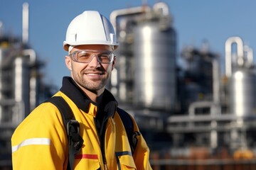 Portrait of a male oil field worker in oil refinery.