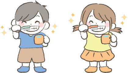 歯みがきをする男の子と女の子の子ども1-2