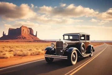 Schilderijen op glas A vintage car driving on highway with landscape of American’s Wild West with desert sandstones. © Joyce