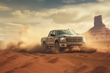 Fototapeta na wymiar A pickup truck driving on dirt road with landscape of American’s Wild West with desert sandstones.