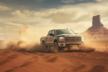 Schilderijen op glas A pickup truck driving on dirt road with landscape of American’s Wild West with desert sandstones. © Joyce