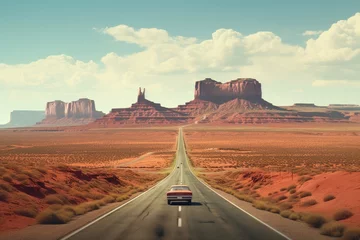 Foto op Canvas A vintage car driving on highway with landscape of American’s Wild West with desert sandstones. © Joyce