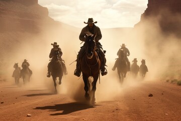 Cowboy on horseback with landscape of American’s Wild West with desert sandstones. - obrazy, fototapety, plakaty