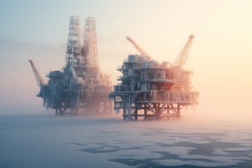 Offshore oil drill platform in sea with ice.