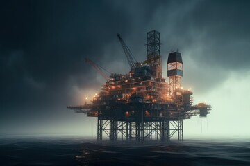 Offshore oil drill platform in sea at night.