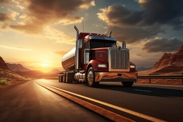 Oil tank truck driving on highway delivering oil at sunrise. - obrazy, fototapety, plakaty