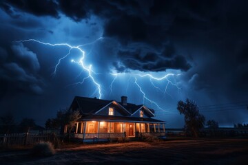 A single family house with bright lightning strike in a thunderstorm at night.