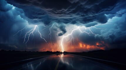 Highway and bright lightning strike in a thunderstorm at night. - obrazy, fototapety, plakaty