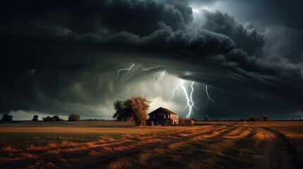 Farm land with bright lightning strike in a thunderstorm at night.