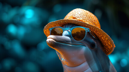 A dolphin wearing a sunhat and sunglasses, the epitome of cool.