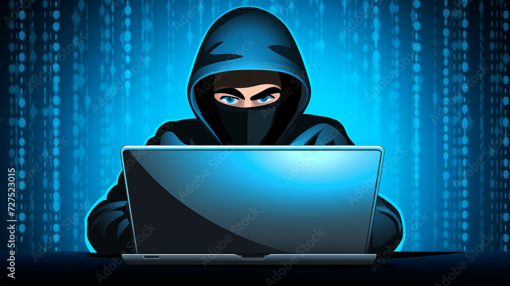 Poster hacker with a laptop on a dark background. vector illustration.