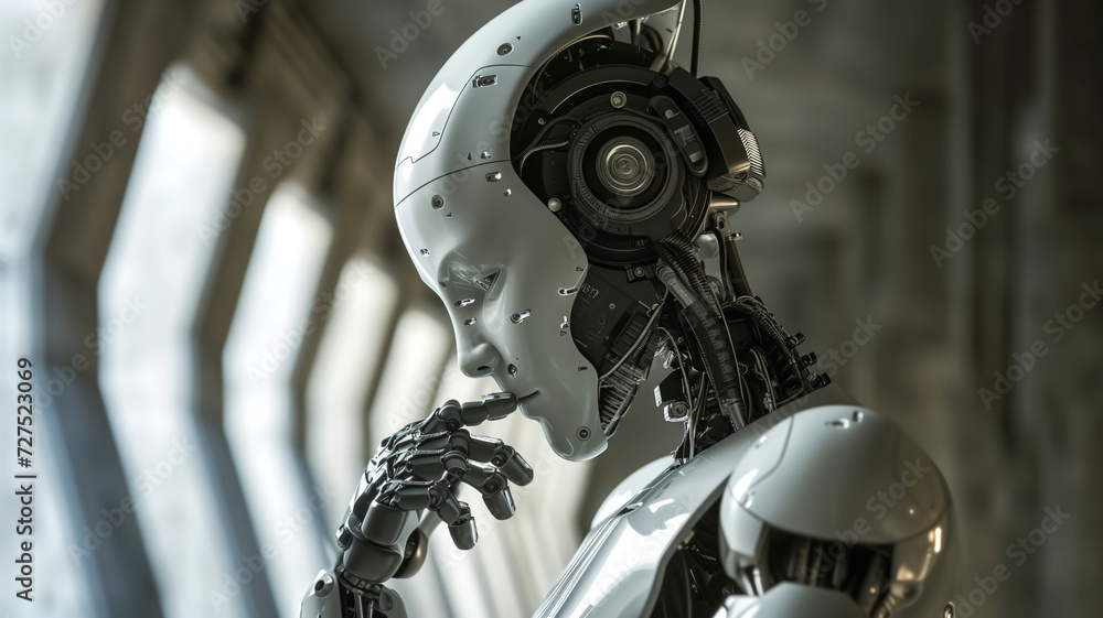 Poster 3d rendering humanoid robot in a science fiction scene with copy space