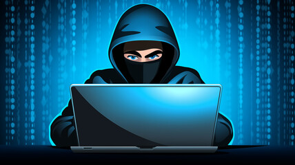 Hacker with a laptop on a dark background. Vector illustration.