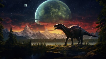 Dinosaur stands in prehistoric environment with giant planet in sky. Fantasy. Photorealistic.