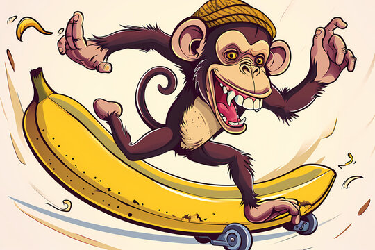 cartoon monkey skating on banana