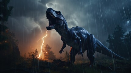 Fototapeta premium Dinosaur stands in lightning storm in prehistoric environment. Photorealistic.