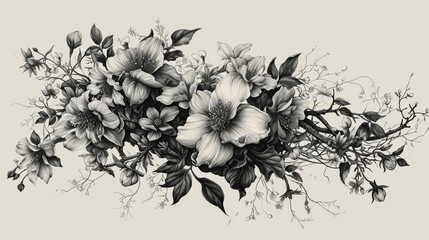 Black and white drawing of a bouquet of flowers - obrazy, fototapety, plakaty