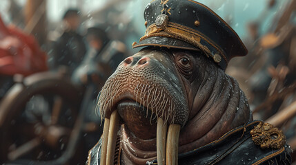 A walrus in a captain's hat, commanding the seas with style.