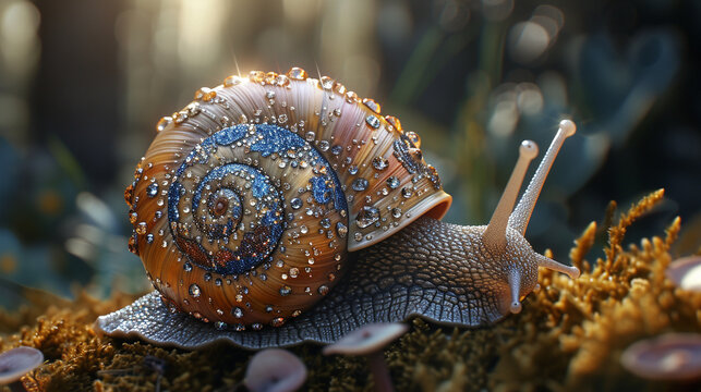 A snail with a shiny, bedazzled shell, slow and steady wins the fashion race.