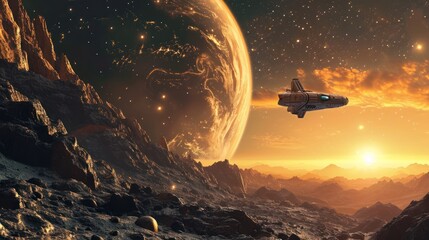 A jet space airplane flying in alien land landscape with giant planet and mountains. Fantasy wall paper. - obrazy, fototapety, plakaty