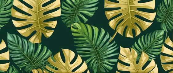 Green palm leaf pattern with golden accents, perfect for luxurious summer designs.