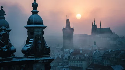 Papier Peint photo autocollant Matin avec brouillard Beautiful historical buildings in winter with snow and fog in Prague city in Czech Republic in Europe.
