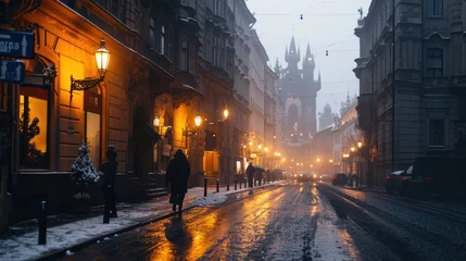 Foto op Canvas Beautiful historical buildings in winter with snow and fog in Prague city in Czech Republic in Europe. © Joyce