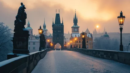 Tuinposter Charles bridghe with beautiful historical buildings at sunrise in winter in Prague city in Czech Republic in Europe. © Joyce