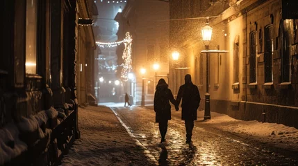 Foto op Canvas Silhouette of a couple in love in street with historic buildings in the city of Prague, Czech Republic in Europe. © Joyce