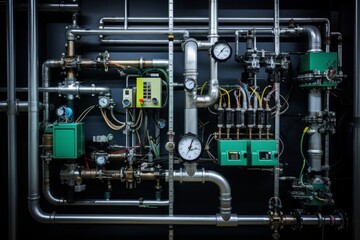 A Detailed View of a High-Performance Fuel Cell Membrane in an Industrial Setting, Surrounded by Pipes, Valves, and Gauges