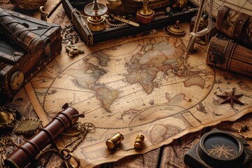 An ancient map unfurls amidst compasses and spyglasses, whispering tales of mariners long past and...