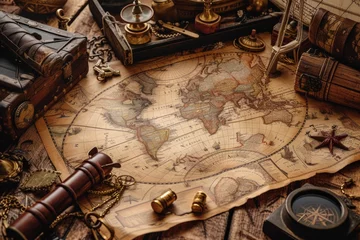 Fotobehang An ancient map unfurls amidst compasses and spyglasses, whispering tales of mariners long past and lands awaiting discovery. © tonstock