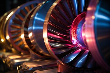 Close-up view of a meticulously crafted steam turbine blade, gleaming under the industrial lights in a high-tech manufacturing facility