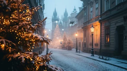 Deurstickers Holiday decoration in street with beautiful historical buildings in winter with snow and fog in Prague city in Czech Republic in Europe. © Joyce