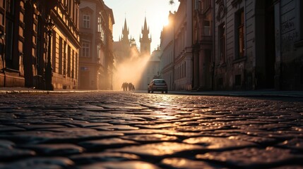 Low angle view of street with historical buildings in Prague city in Czech Republic in Europe.