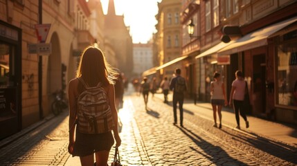 Back view of a girl in Old Town Square with historic buildings in the city of Prague, Czech Republic in Europe.
