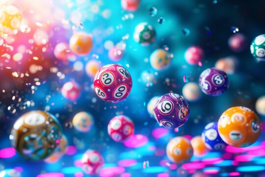 A kaleidoscope of lottery balls suspended mid-air, creating a vibrant dance of numbers and colors against a gleaming backdrop.