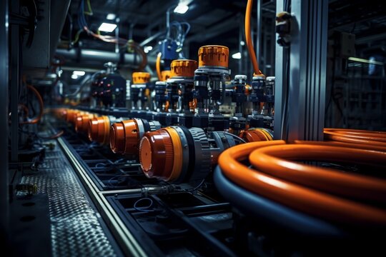 A Ground Rod Positioned in an Industrial Setting, Surrounded by a Labyrinth of Machinery, Pipes and Electrical Cables, Illuminated by Artificial Light