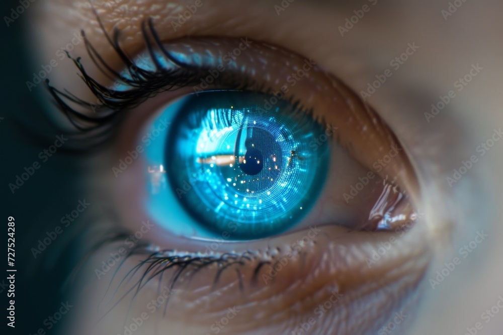 Poster intricate circuit patterns overlay the iris, hinting at a fusion of human vision with advanced techn
